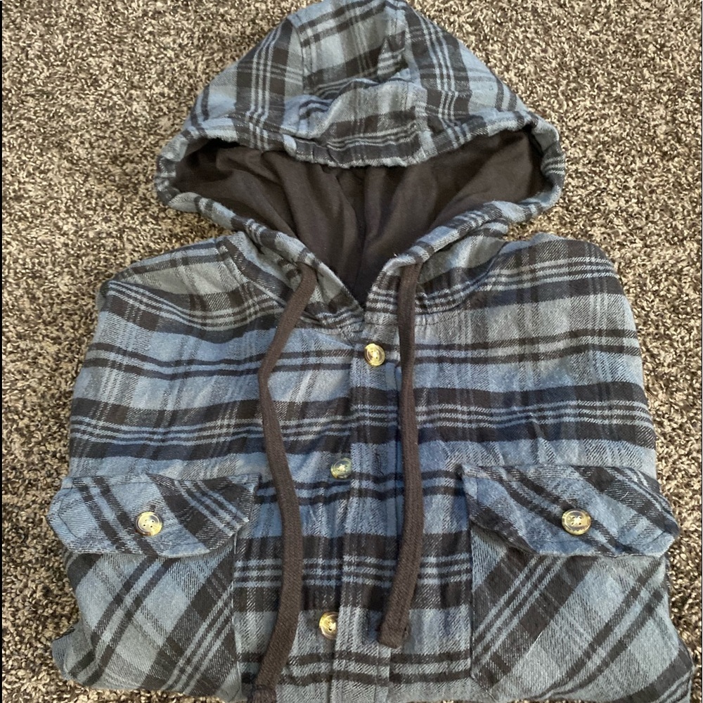 Blue and gray hoodie with buttons